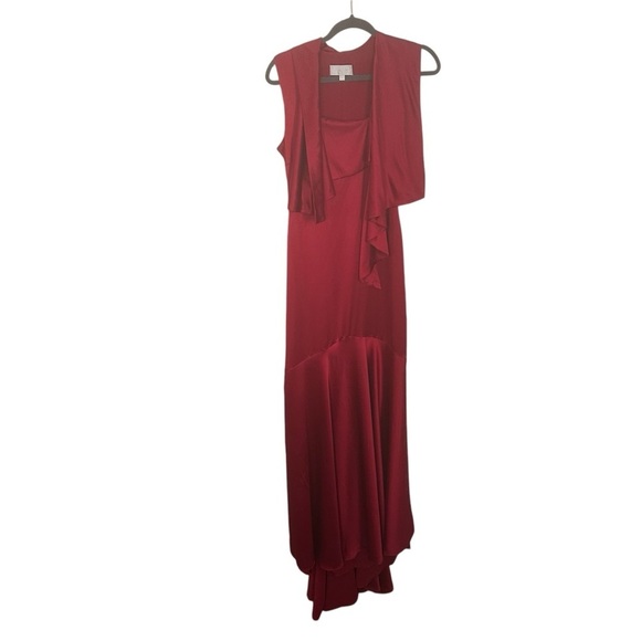 Badgley Mischka Dress Crimson Red Maxi Silk Formal High Low Prom Size 2 - Picture 2 of 16